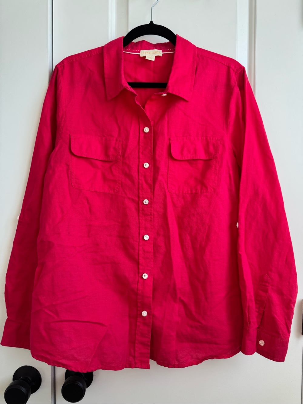 Lucy & Laurel Hot Pink Linen Blend Roll Tab Button Down XL